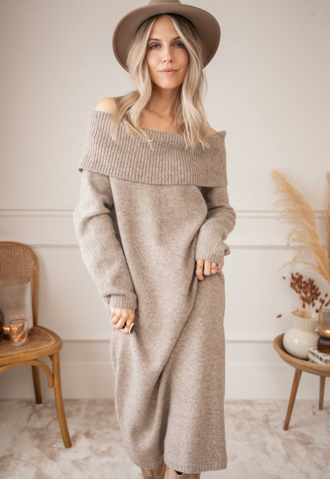 Justine Off Shoulder Taupe - Sweater Dress