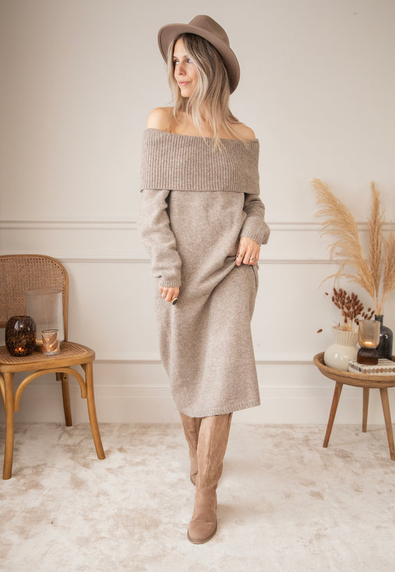 Justine Off Shoulder Taupe - Sweater Dress