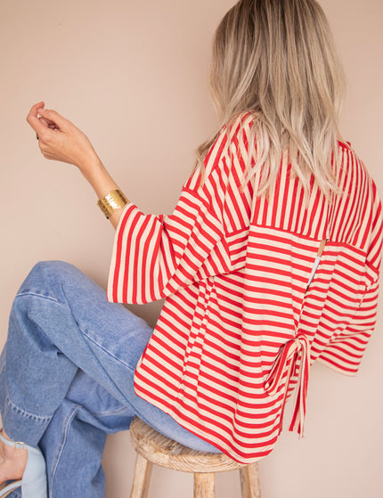 Sadie Stripe Bow Beige/Bordeaux - T-Shirt
