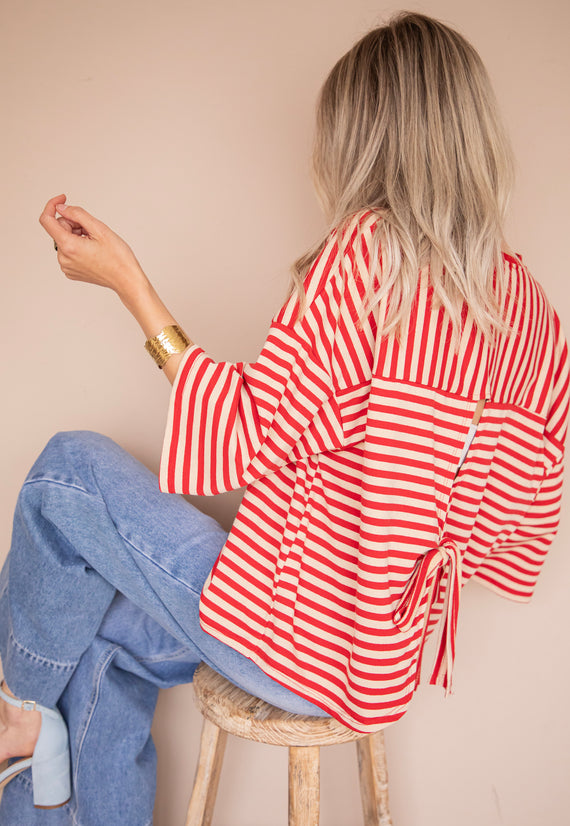Sadie Stripe Bow Beige/Bordeaux - T-Shirt