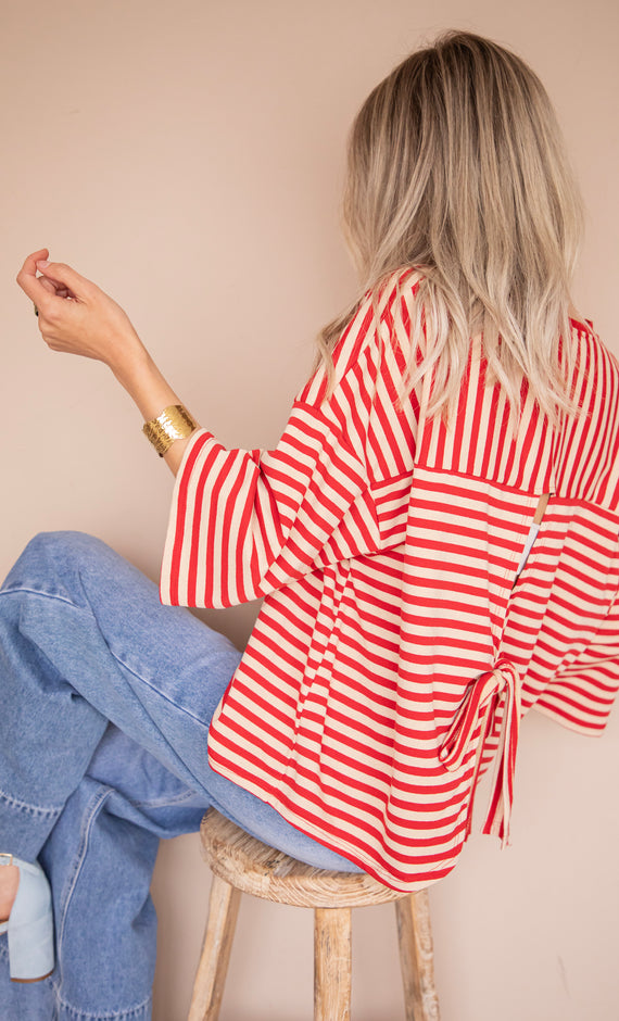 Sadie Stripe Bow Beige/Bordeaux - T-Shirt