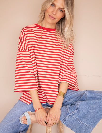 Sadie Stripe Bow Beige/Bordeaux - T-Shirt