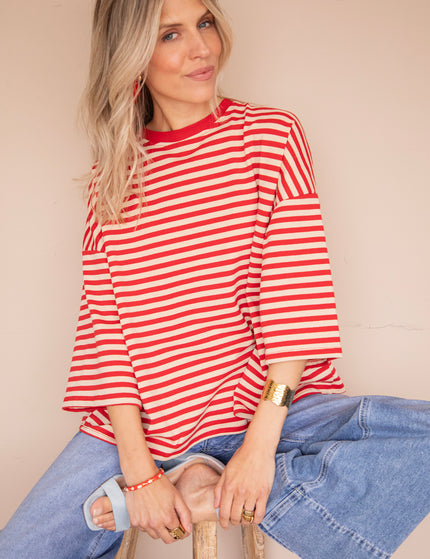 Sadie Stripe Bow Beige/Bordeaux - T-Shirt