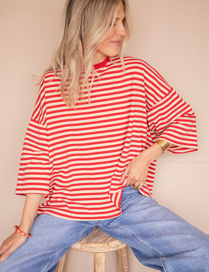 Sadie Stripe Bow Beige/Bordeaux - T-Shirt