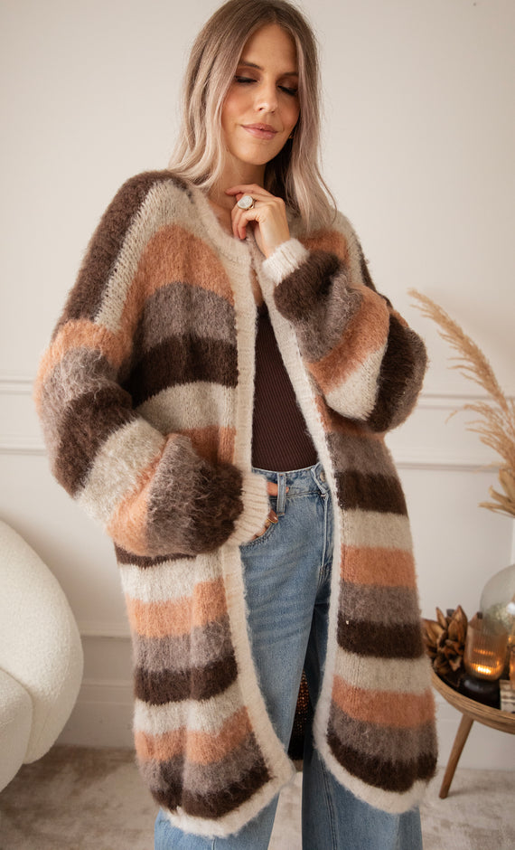 Strickjacke - Stripes On Repeat - Choco/Camel