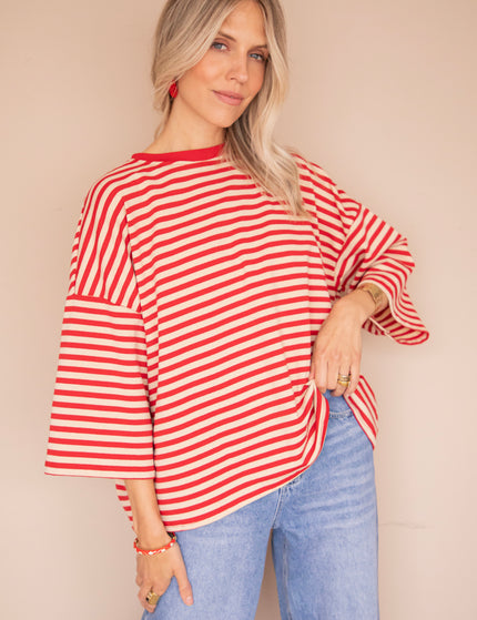 Sadie Stripe Bow Beige/Bordeaux - T-Shirt