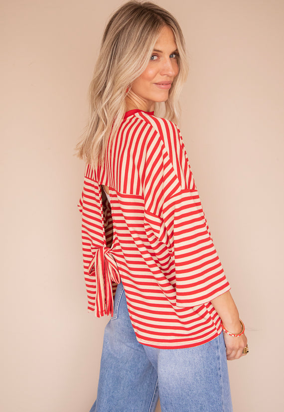 Sadie Stripe Bow Beige/Bordeaux - T-Shirt