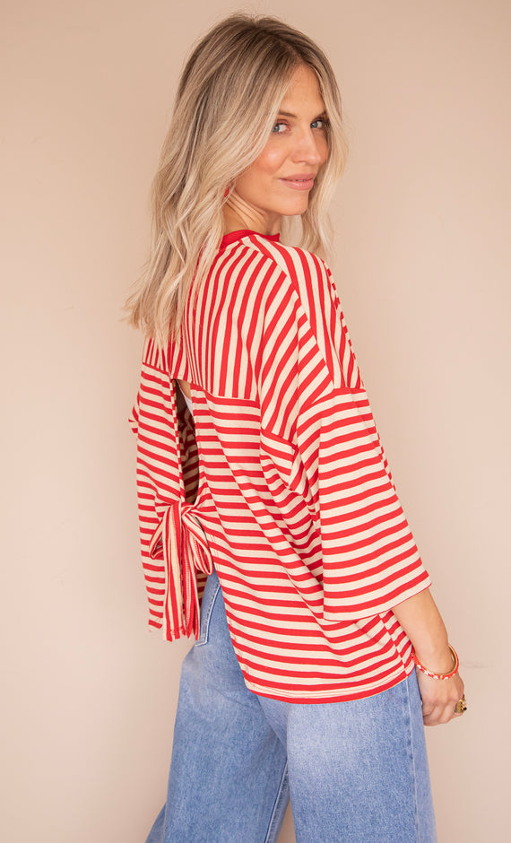 Sadie Stripe Bow Beige/Bordeaux - T-Shirt
