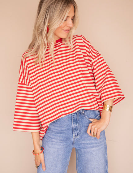 Sadie Stripe Bow Beige/Bordeaux - T-Shirt