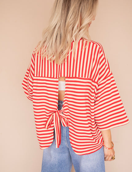 Sadie Stripe Bow Beige/Bordeaux - T-Shirt