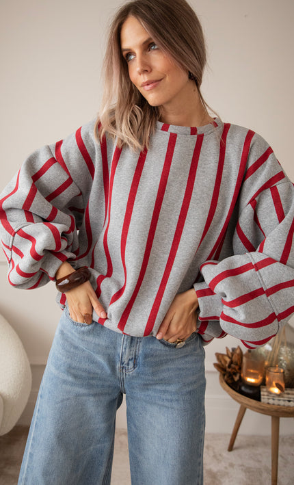 Pullover - Snuggle Up In Stripes - Grau/Rot