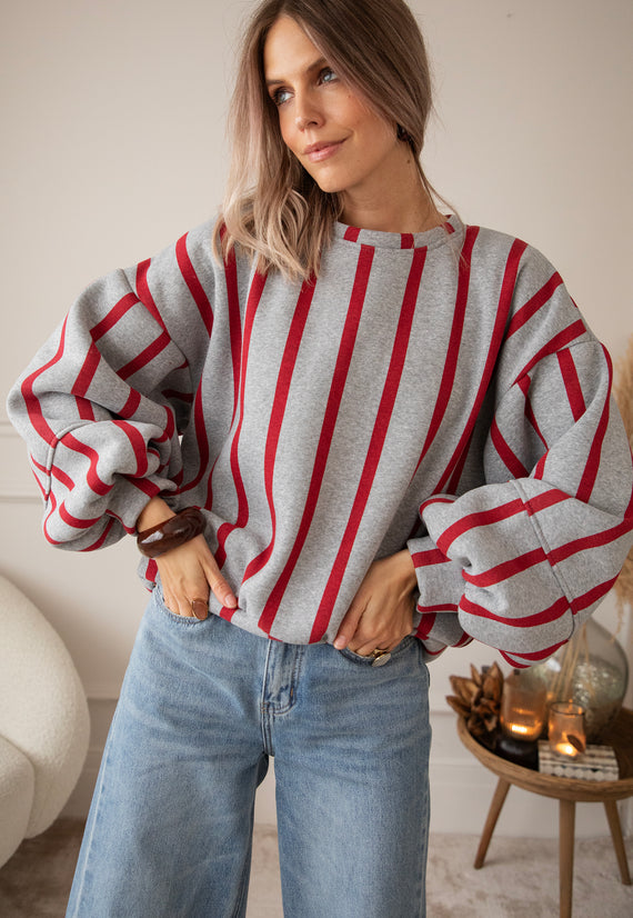 Pullover - Snuggle Up In Stripes - Grau/Rot