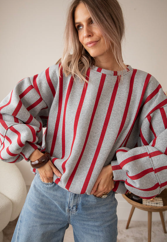 Pullover - Snuggle Up In Stripes - Grau/Rot