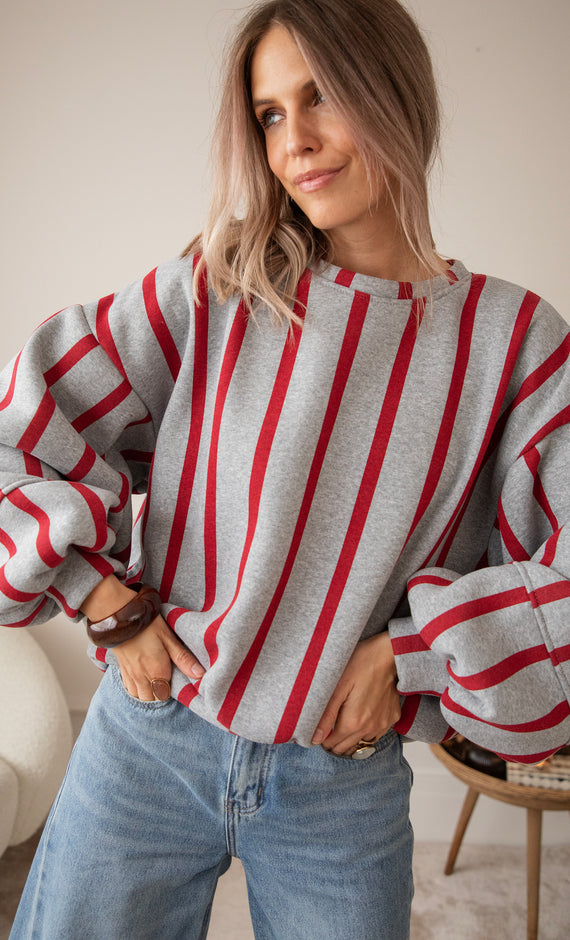 Snuggle Up In Stripes Grey/Red - Sweater
