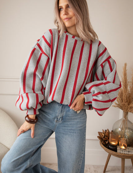 Pullover - Snuggle Up In Stripes - Grau/Rot