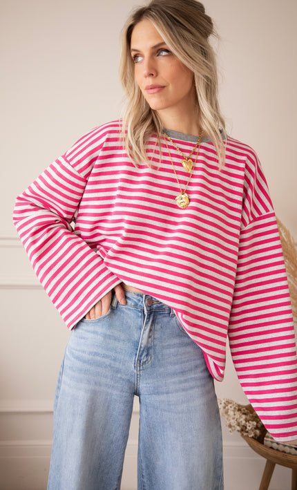 Sadie Stripe Soft Grey/Fuchsia - Longsleeve
