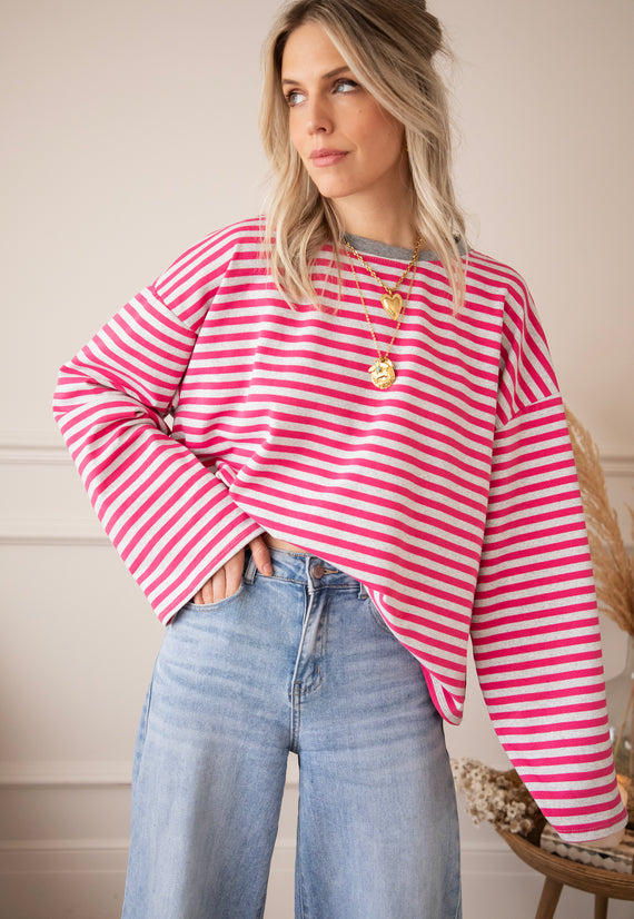 Sadie Stripe Soft Grey/Fuchsia - Longsleeve