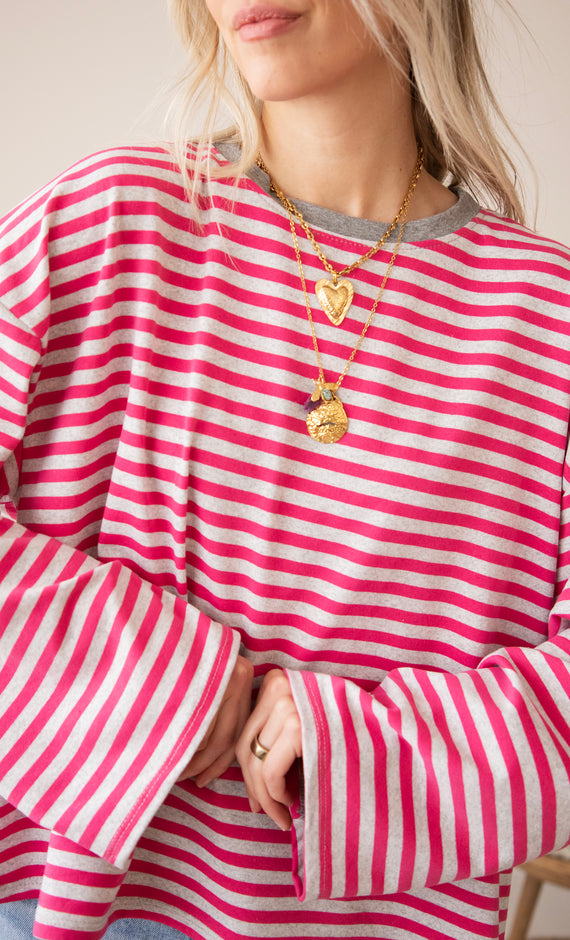 Sadie Stripe Soft Grey/Fuchsia - Longsleeve