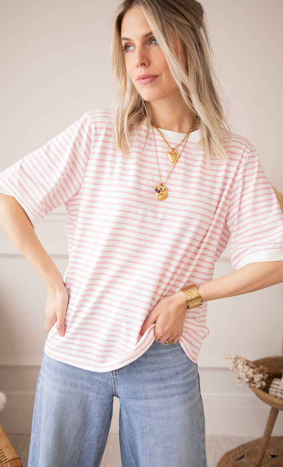 T-Shirt - Sadie Stripe - Weiß/Babyrosa