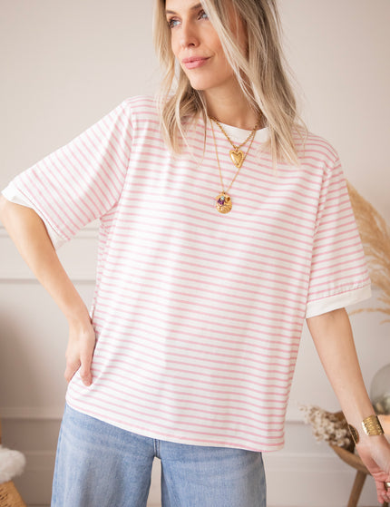 Sadie Stripe Off White/Baby Pink - T-Shirt