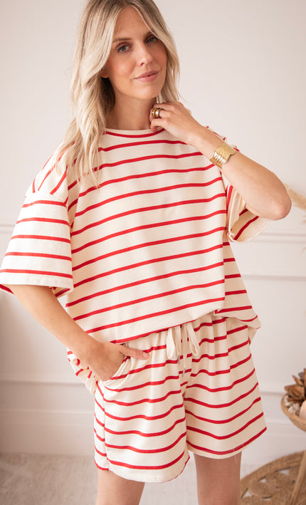 T-Shirt - Stripe Escape - Beige/Rot