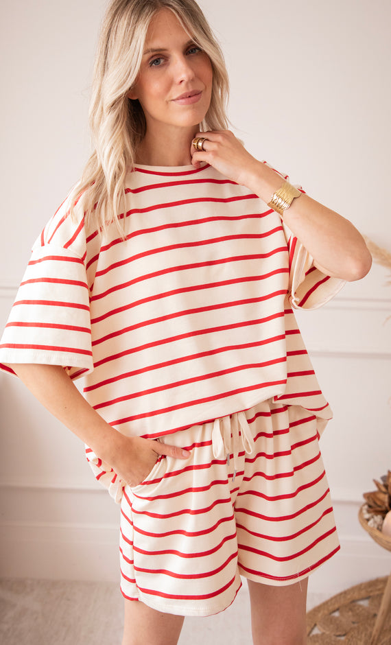 T-Shirt - Stripe Escape - Beige/Rot