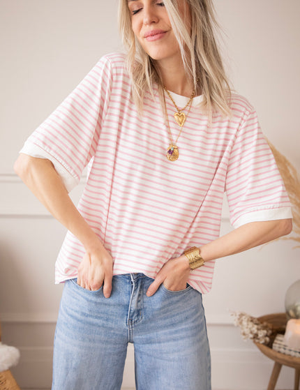 Sadie Stripe Off White/Baby Pink - T-Shirt