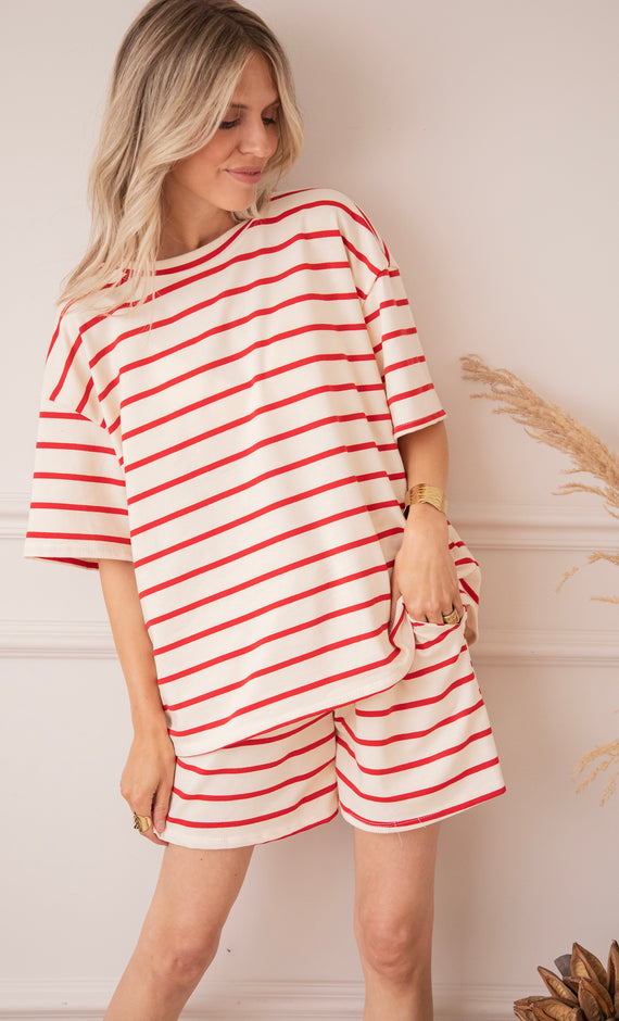 T-Shirt - Stripe Escape - Beige/Rot