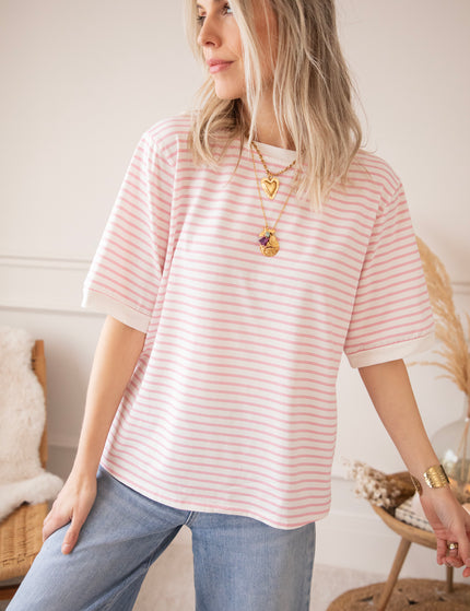 Sadie Stripe Off White/Baby Pink - T-Shirt