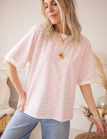 Sadie Stripe Off White/Baby Pink - T-Shirt