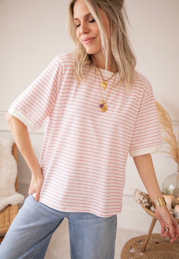 Sadie Stripe Off White/Baby Pink - T-Shirt