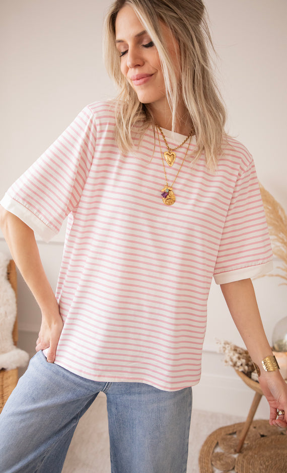 Sadie Stripe Off White/Baby Pink - T-Shirt