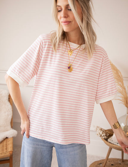 Sadie Stripe Off White/Baby Pink - T-Shirt