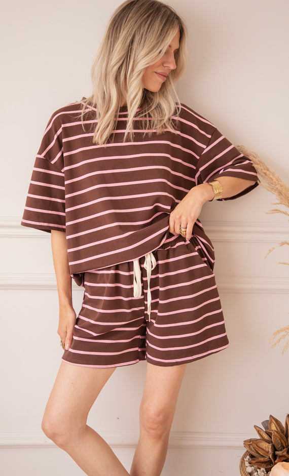 T-Shirt - Stripe Escape - Schoko/Pink