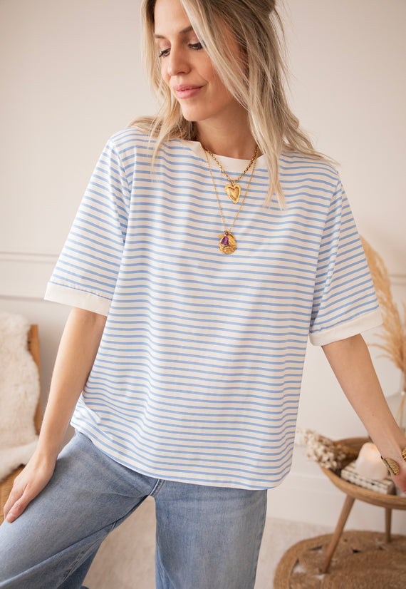 Sadie Stripe Off White/Baby Blue - T-Shirt