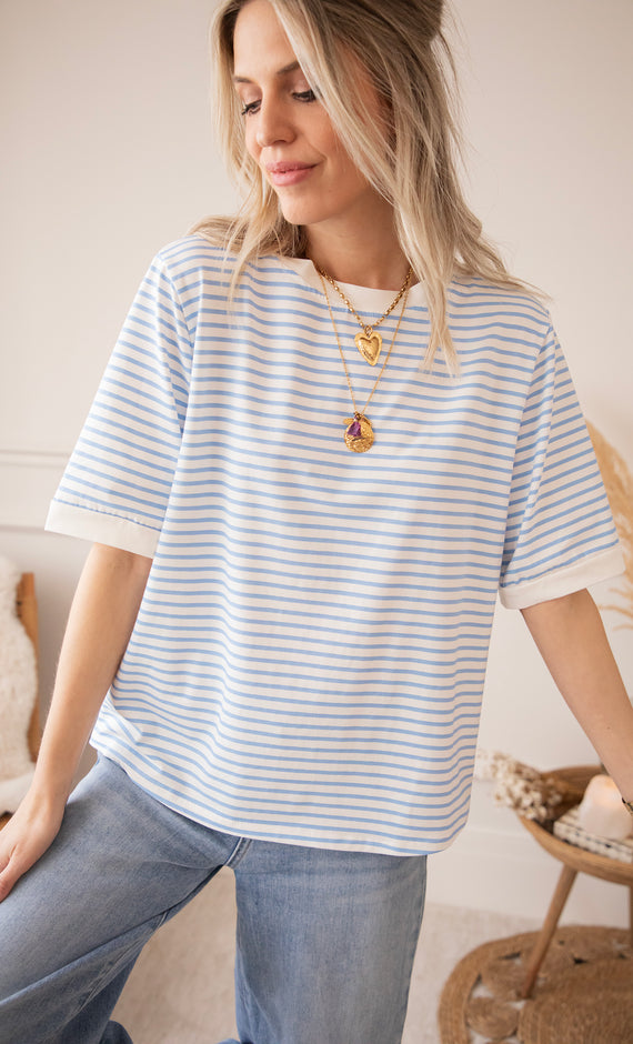 Sadie Stripe Off White/Baby Blue - T-Shirt 