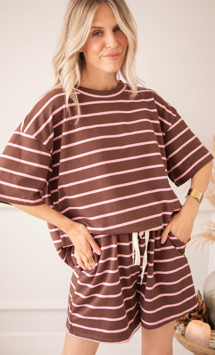 T-Shirt - Stripe Escape - Schoko/Pink