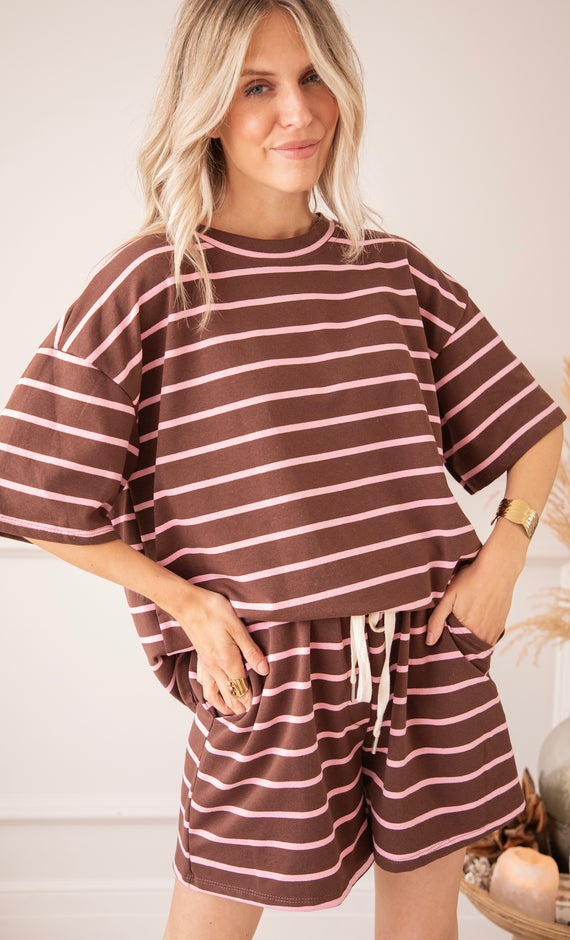 T-Shirt - Stripe Escape - Schoko/Pink
