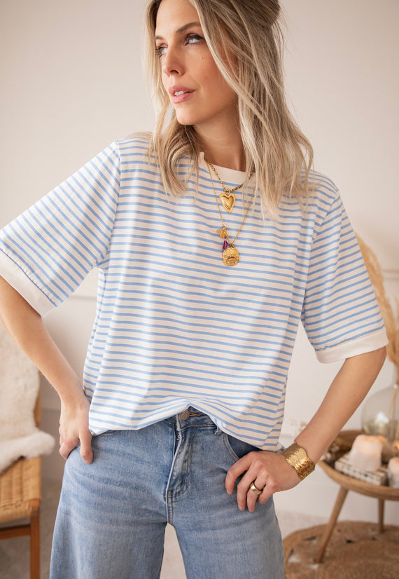 Sadie Stripe Off White/Baby Blue - T-Shirt
