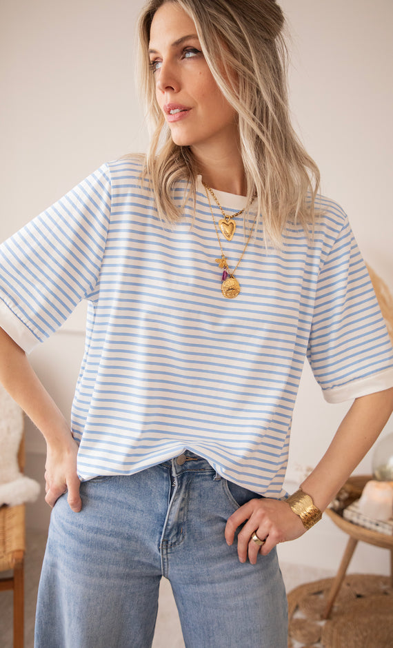 Sadie Stripe Off White/Baby Blue - T-Shirt 