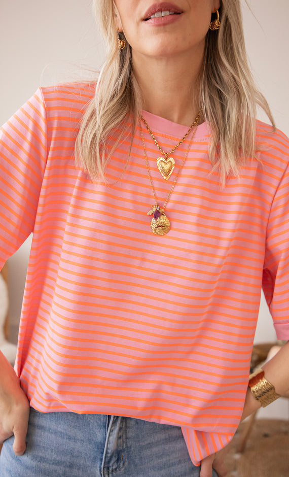 Sadie Stripe Baby Pink/Orange - T-Shirt