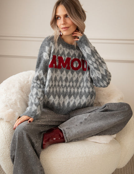 Pullover - Amour Motif - Dunkelgrau/Rot