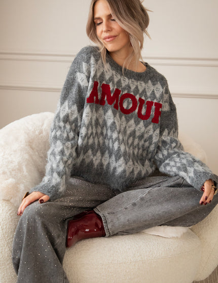 Pullover - Amour Motif - Dunkelgrau/Rot