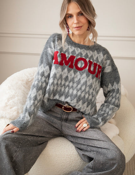 Pullover - Amour Motif - Dunkelgrau/Rot