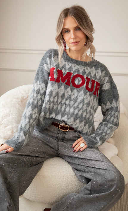 Pullover - Amour Motif - Dunkelgrau/Rot