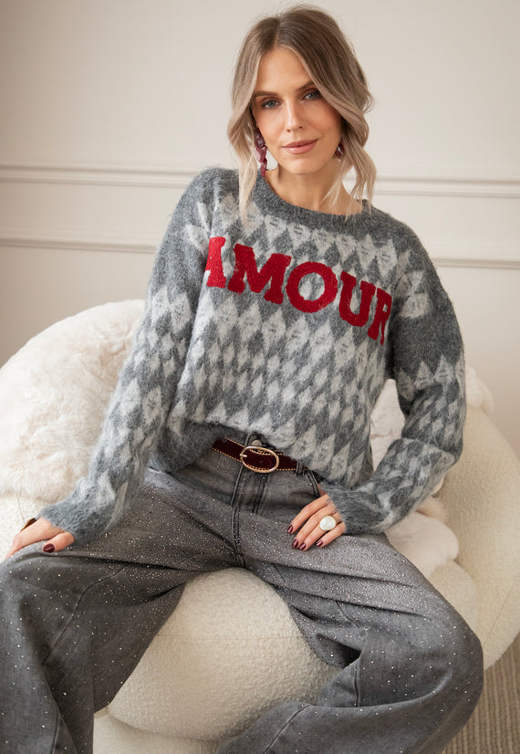 Pullover - Amour Motif - Dunkelgrau/Rot