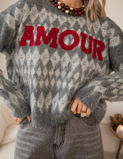 Pullover - Amour Motif - Dunkelgrau/Rot