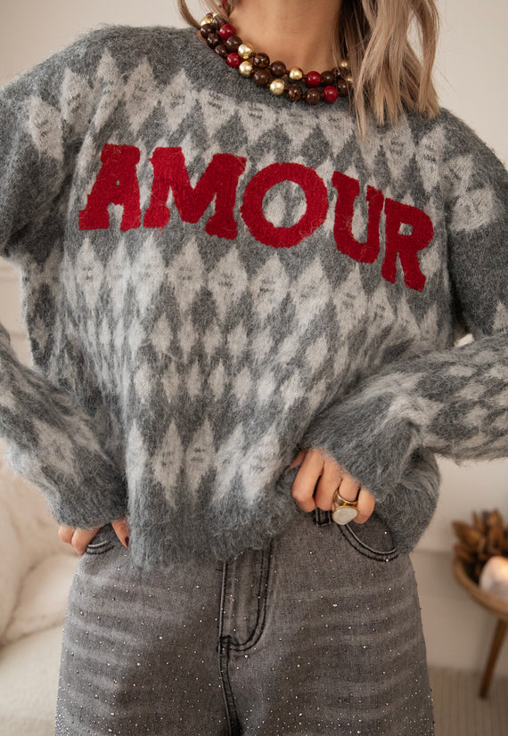 Pullover - Amour Motif - Dunkelgrau/Rot