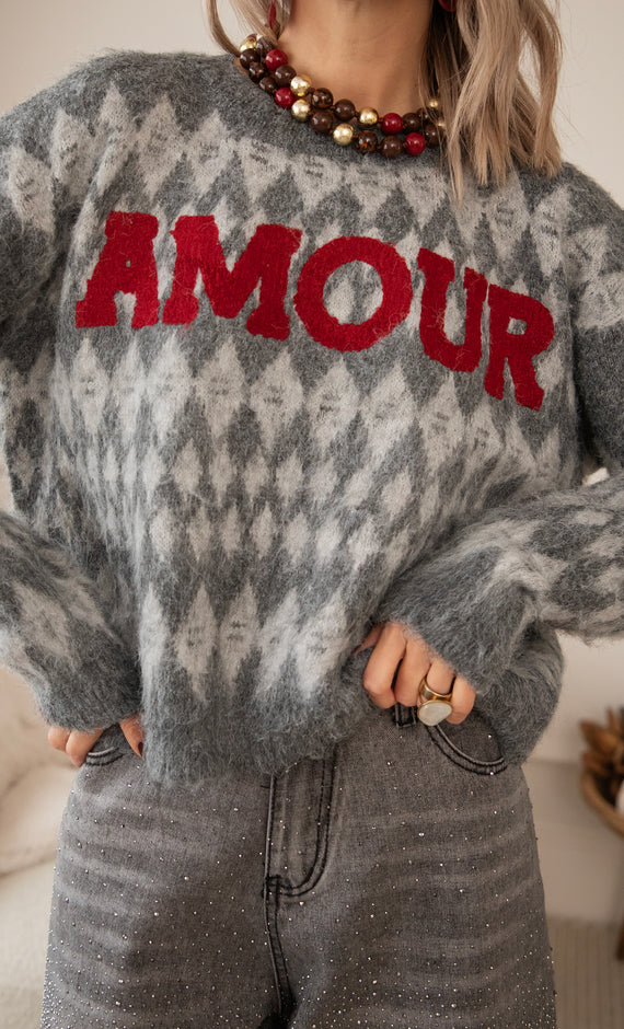 Amour Motif Dark Grey/Red - Sweater