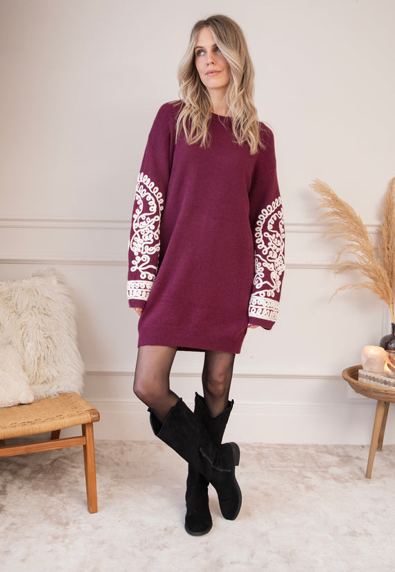 Loopy Sleeves Burgundy - Sweater Dress